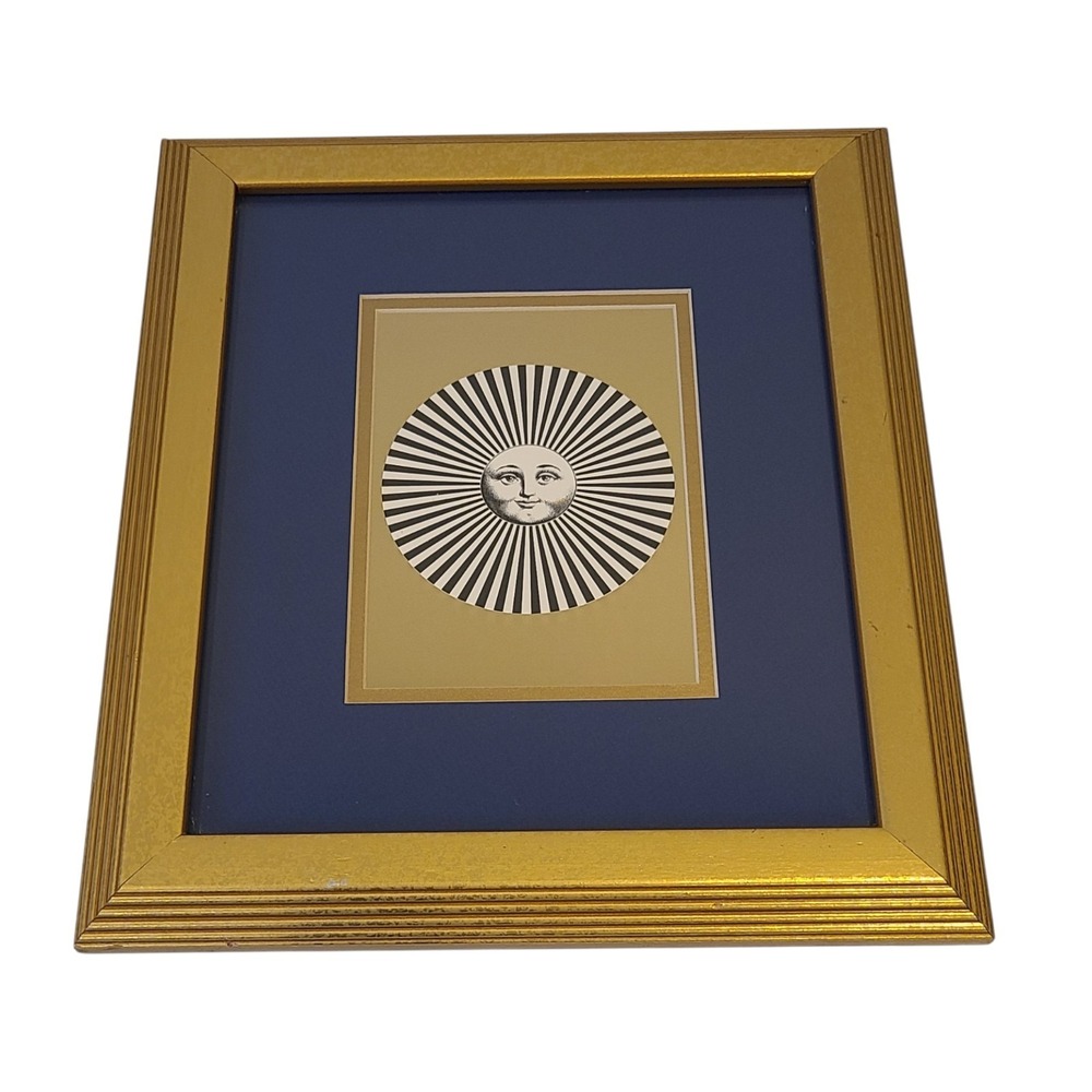 Vintage 90s Celestial Piero Fornasetti Framed Art Sun Moon Gold Gilt & Navy Blue